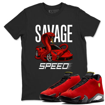 Savage Speed sneaker match t-shirt styled to complete your fit with the Air Jordan 14 Challenge Red sneakers, graphic shirts in Black 1.