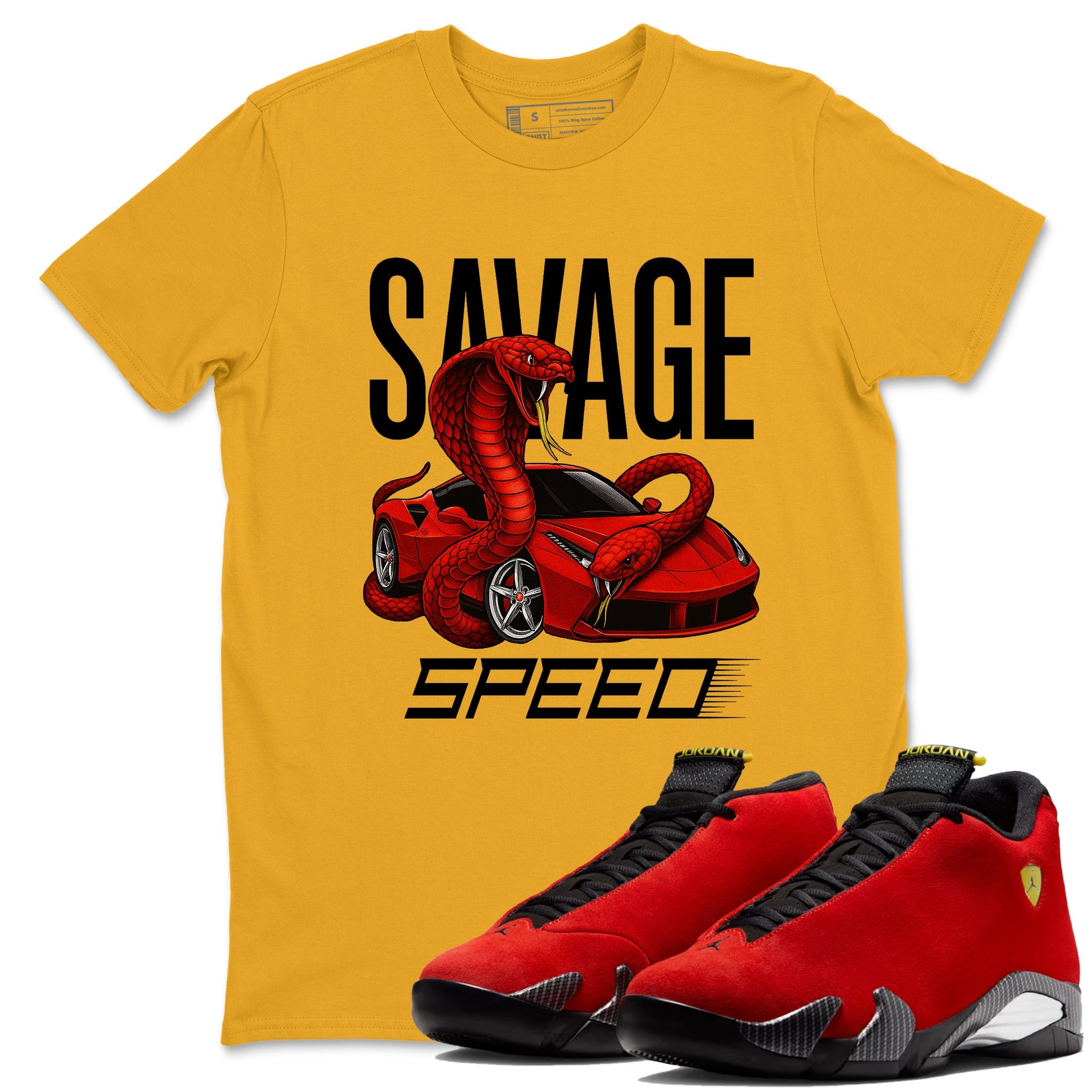 Savage Speed sneaker match t-shirt styled to complete your fit with the Air Jordan 14 Challenge Red sneakers, graphic shirts in Gold 1.