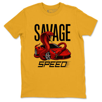 Savage Speed sneaker match t-shirt styled to complete your fit with the Air Jordan 14 Challenge Red sneakers, graphic shirts in Gold 2.