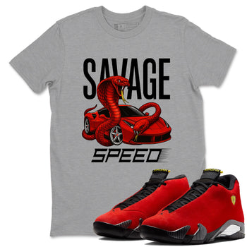 Savage Speed sneaker match t-shirt styled to complete your fit with the Air Jordan 14 Challenge Red sneakers, graphic shirts in Heather Grey 1.