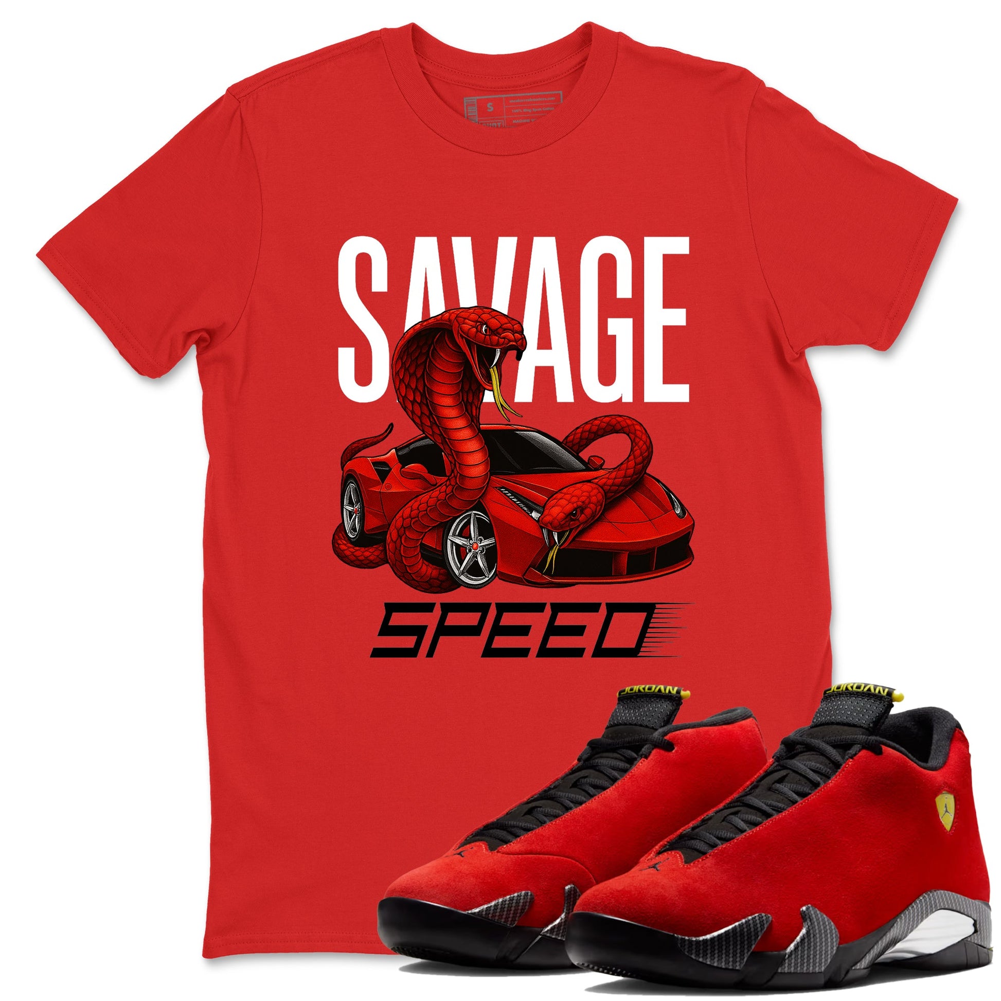 Savage Speed sneaker match t-shirt styled to complete your fit with the Air Jordan 14 Challenge Red sneakers, graphic shirts in Red 1.