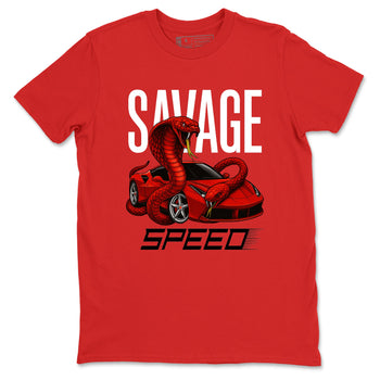 Savage Speed sneaker match t-shirt styled to complete your fit with the Air Jordan 14 Challenge Red sneakers, graphic shirts in Red 2.