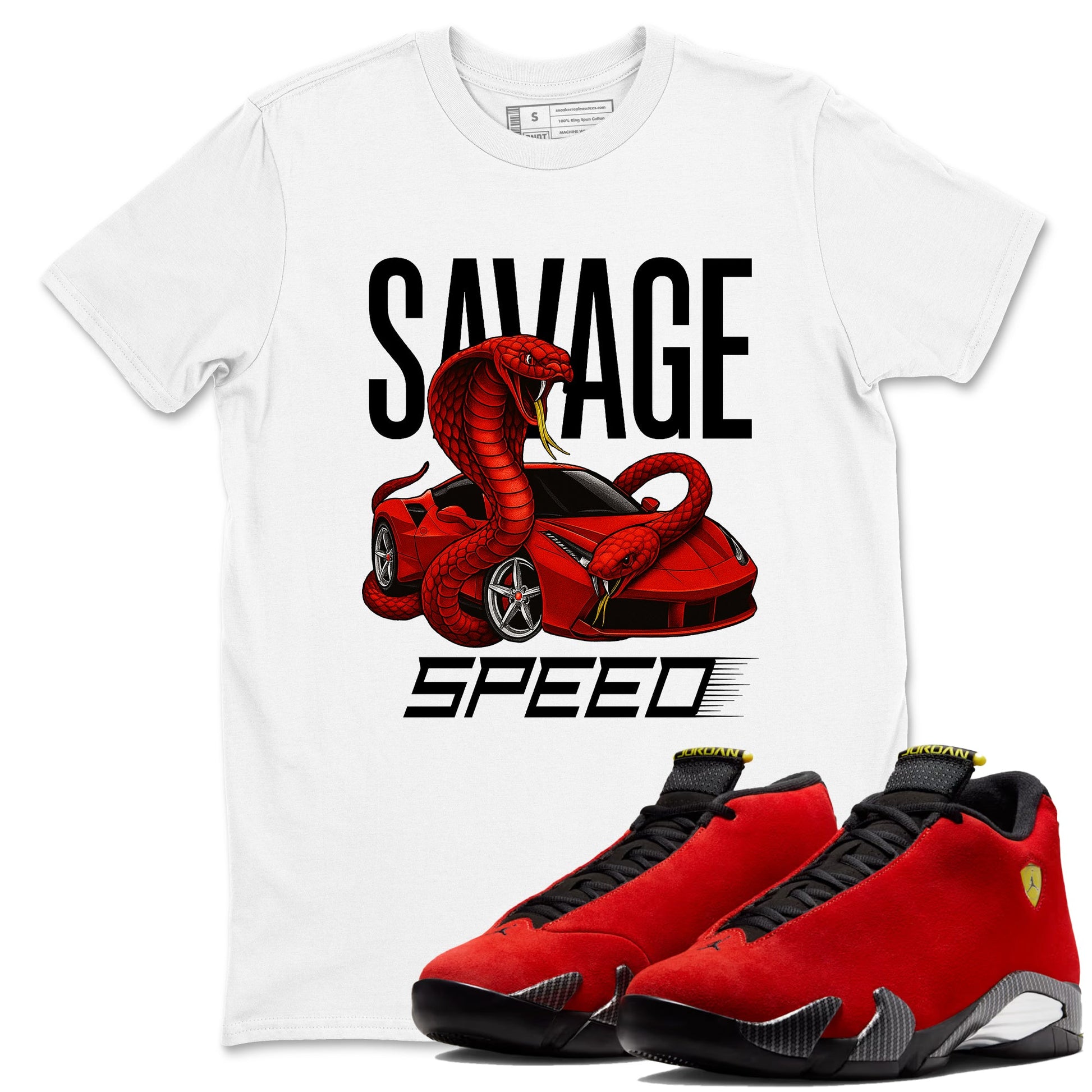 Savage Speed sneaker match t-shirt styled to complete your fit with the Air Jordan 14 Challenge Red sneakers, graphic shirts in White 1.