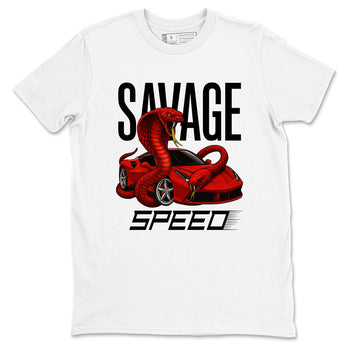 Savage Speed sneaker match t-shirt styled to complete your fit with the Air Jordan 14 Challenge Red sneakers, graphic shirts in White 2.