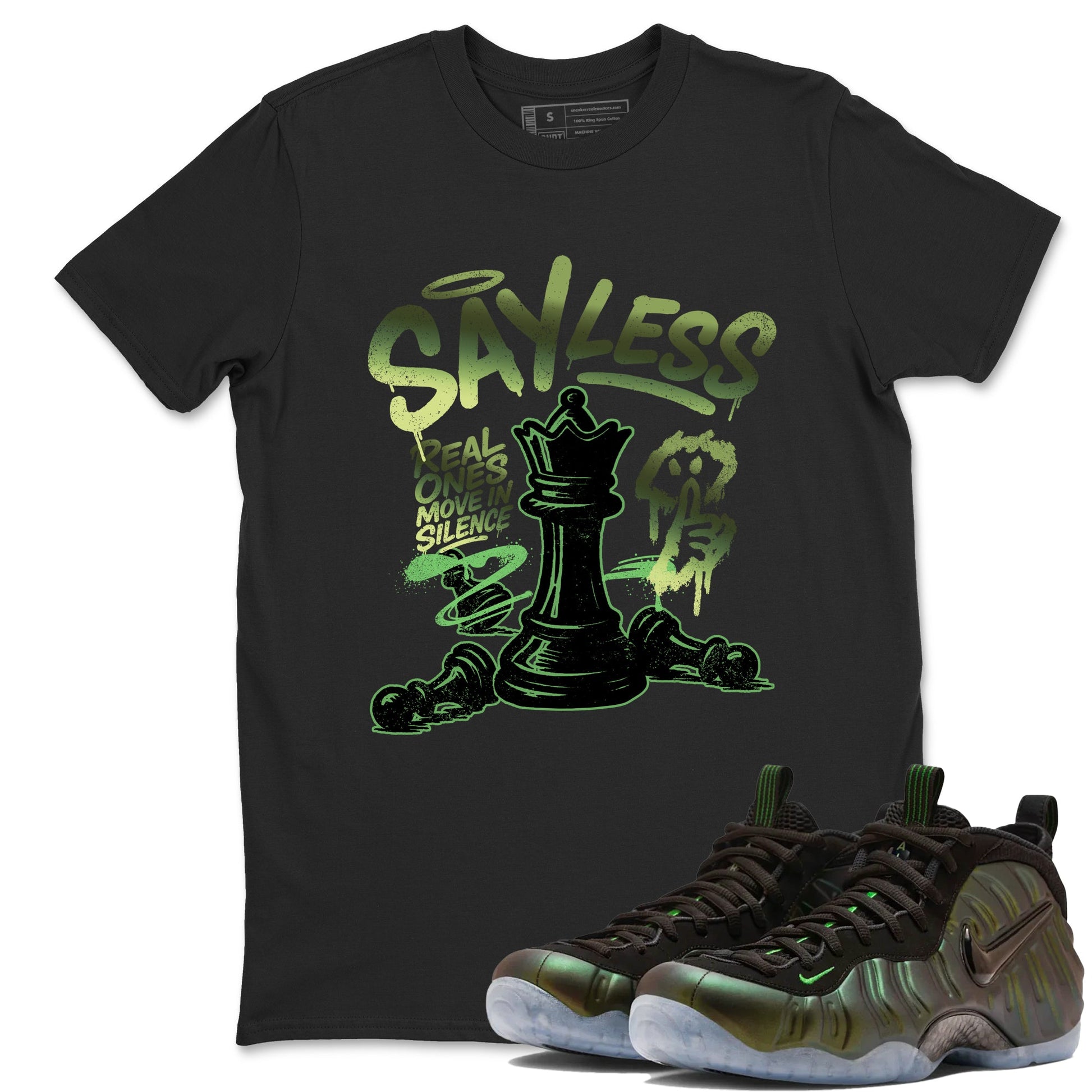 Best Christmas gifts for sneakerheads - Sneaker Tees To Match Air Foamposite One Pine Green Sneakers – Say Less Tee Black 1