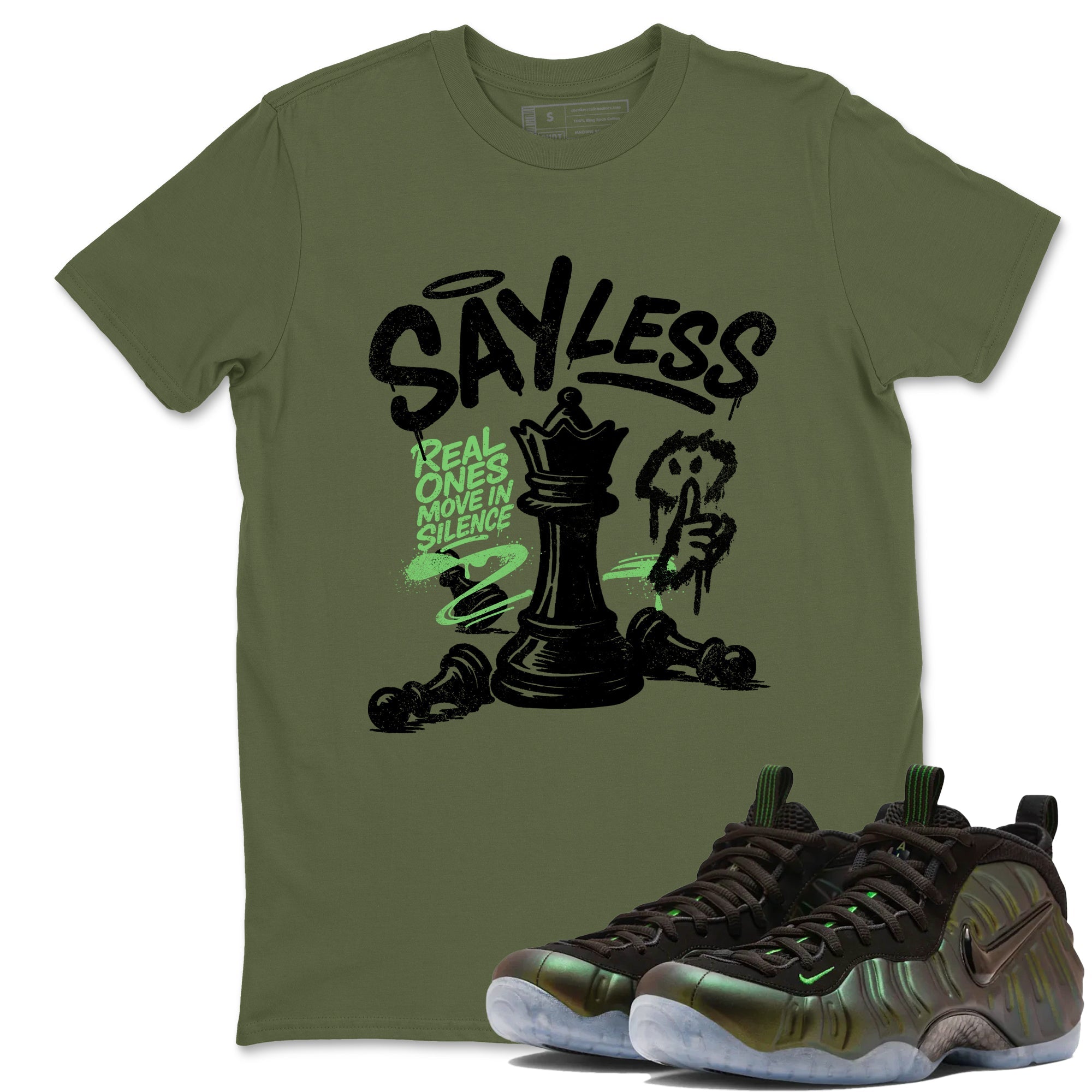 Best Christmas gifts for sneakerheads - Sneaker Tees To Match Air Foamposite One Pine Green Sneakers – Say Less Tee Military Green 1