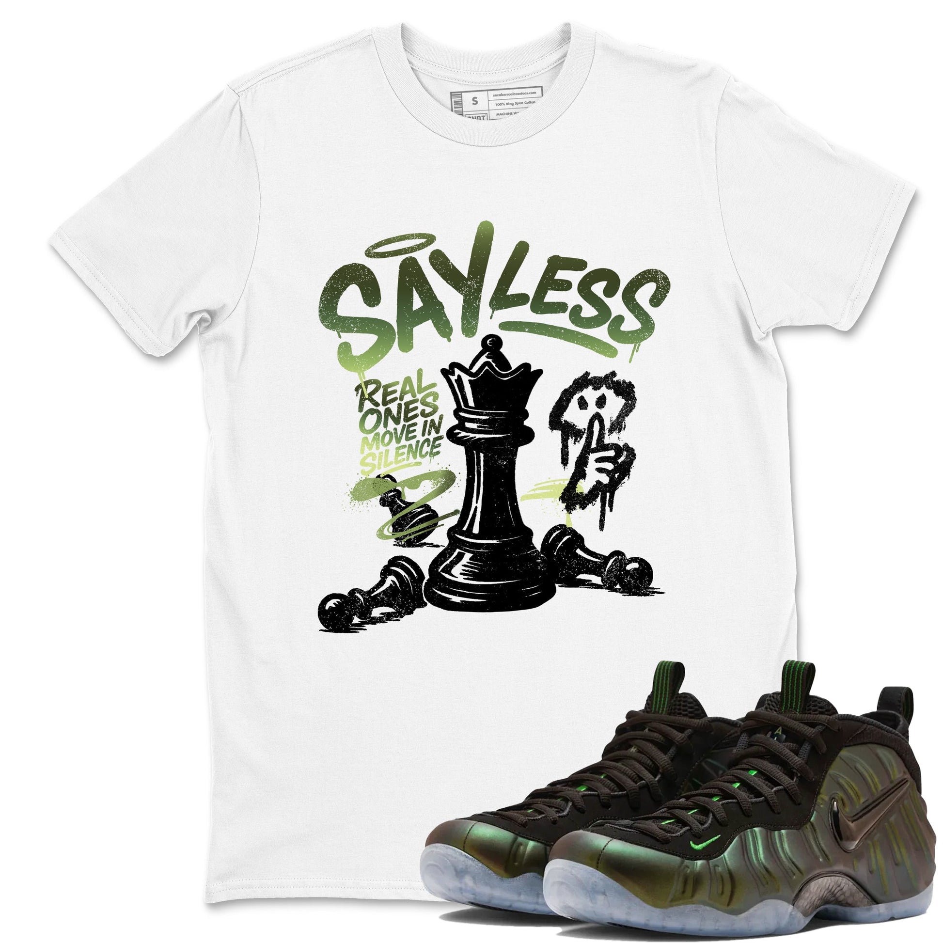Best Christmas gifts for sneakerheads - Sneaker Tees To Match Air Foamposite One Pine Green Sneakers – Say Less Tee White 1