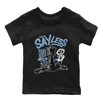 Say Less baby and kids t-shirt crafted for little sneakerheads to shine with the Air Foamposite One Psychic Blue sneakers, displayed in Black 2.