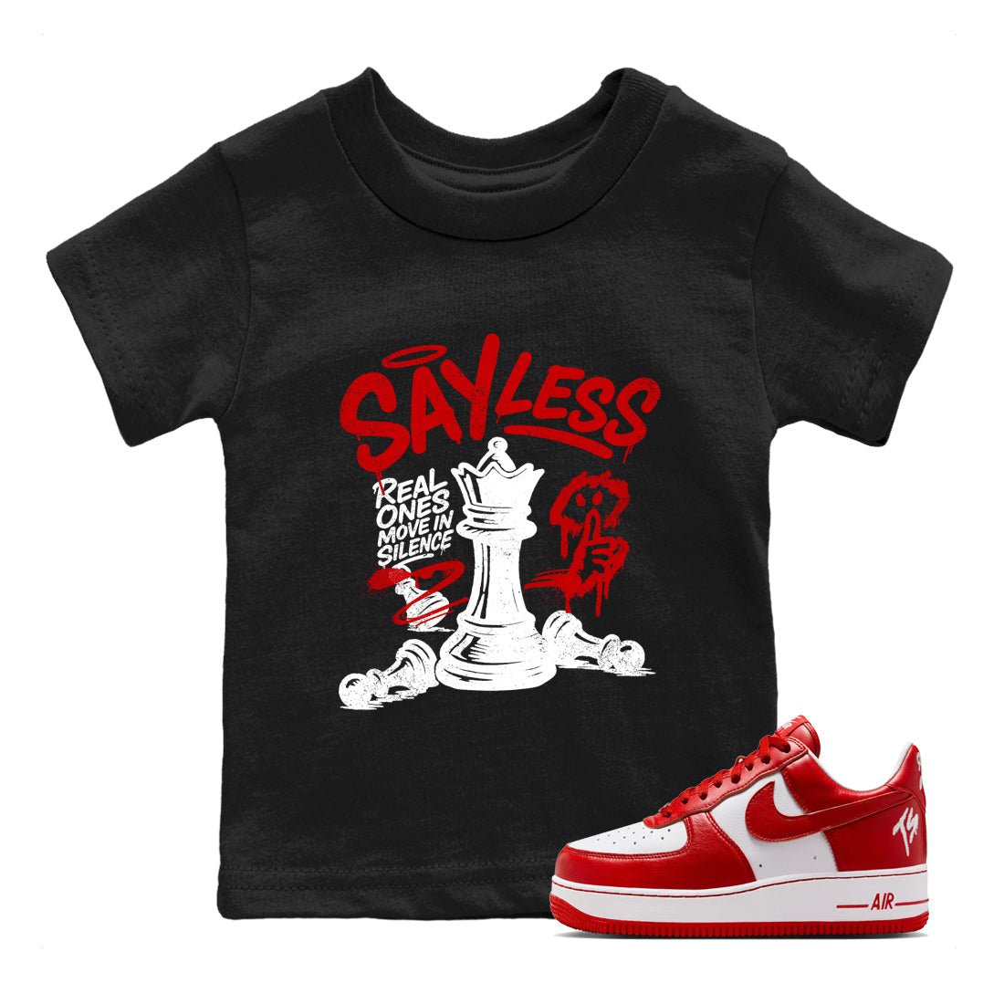 Say Less baby and kids t-shirt crafted for little sneakerheads to shine with the Air Force 1 University Red sneakers, displayed in Black 1.