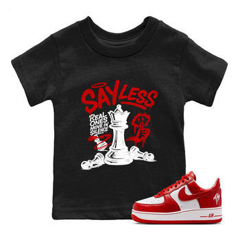 Say Less baby and kids t-shirt crafted for little sneakerheads to shine with the Air Force 1 University Red sneakers, displayed in Black 1.