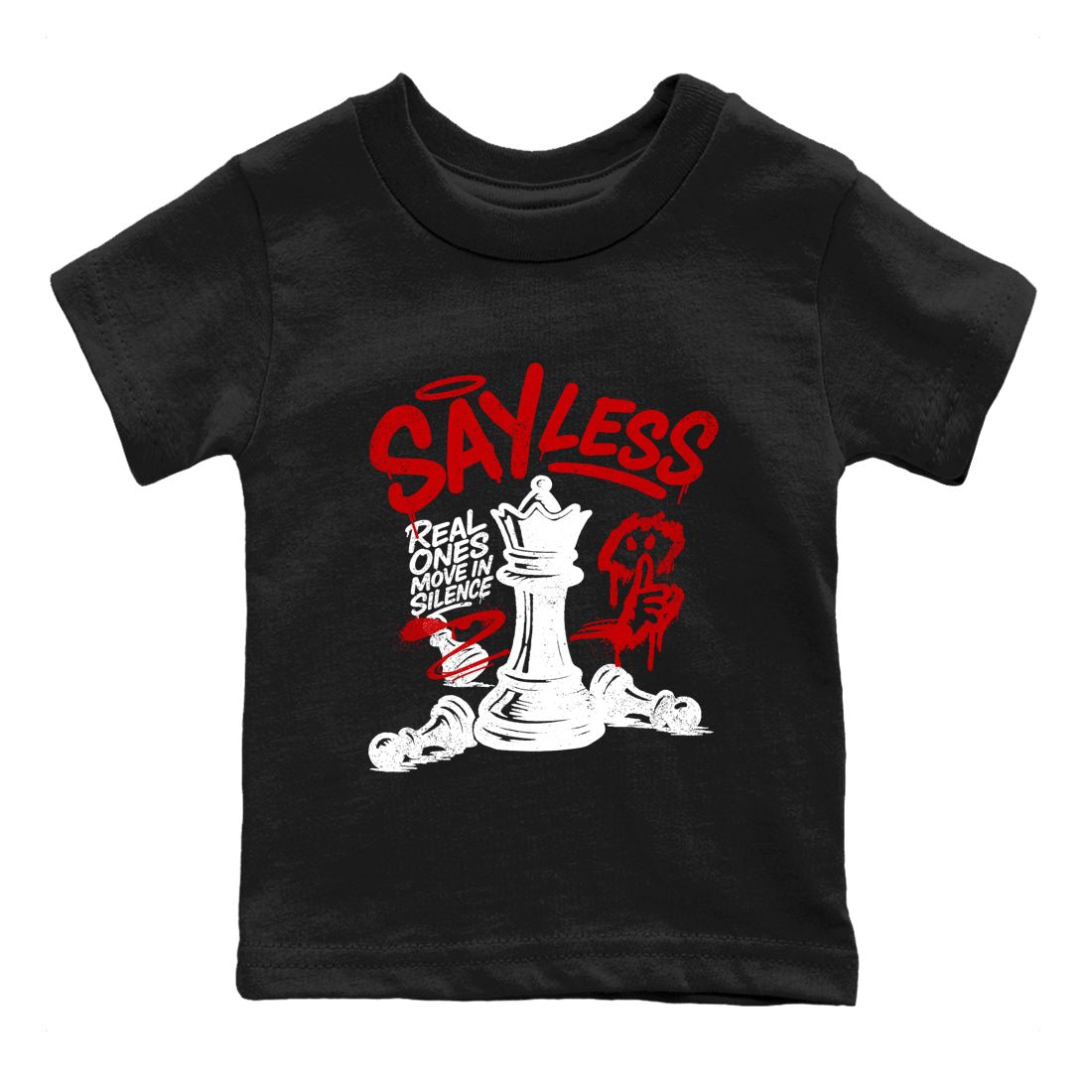 Say Less baby and kids t-shirt crafted for little sneakerheads to shine with the Air Force 1 University Red sneakers, displayed in Black 2.