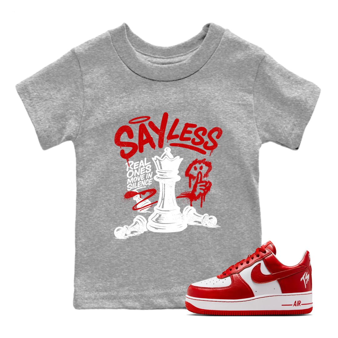 Say Less baby and kids t-shirt crafted for little sneakerheads to shine with the Air Force 1 University Red sneakers, displayed in Heather Grey 1.