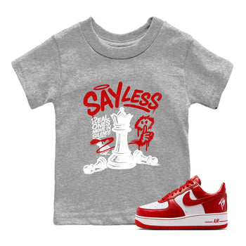 Say Less baby and kids t-shirt crafted for little sneakerheads to shine with the Air Force 1 University Red sneakers, displayed in Heather Grey 1.