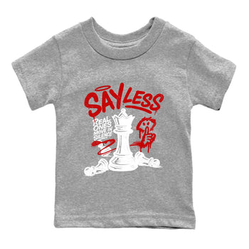 Say Less baby and kids t-shirt crafted for little sneakerheads to shine with the Air Force 1 University Red sneakers, displayed in Heather Grey 2.