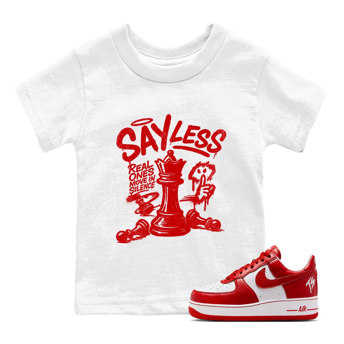 Say Less baby and kids t-shirt crafted for little sneakerheads to shine with the Air Force 1 University Red sneakers, displayed in White 1.