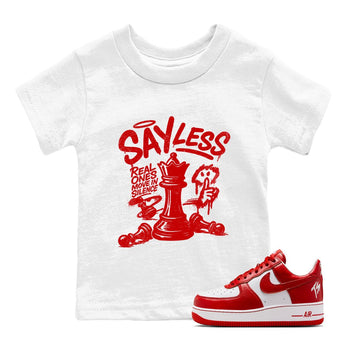 Say Less baby and kids t-shirt crafted for little sneakerheads to shine with the Air Force 1 University Red sneakers, displayed in White 1.