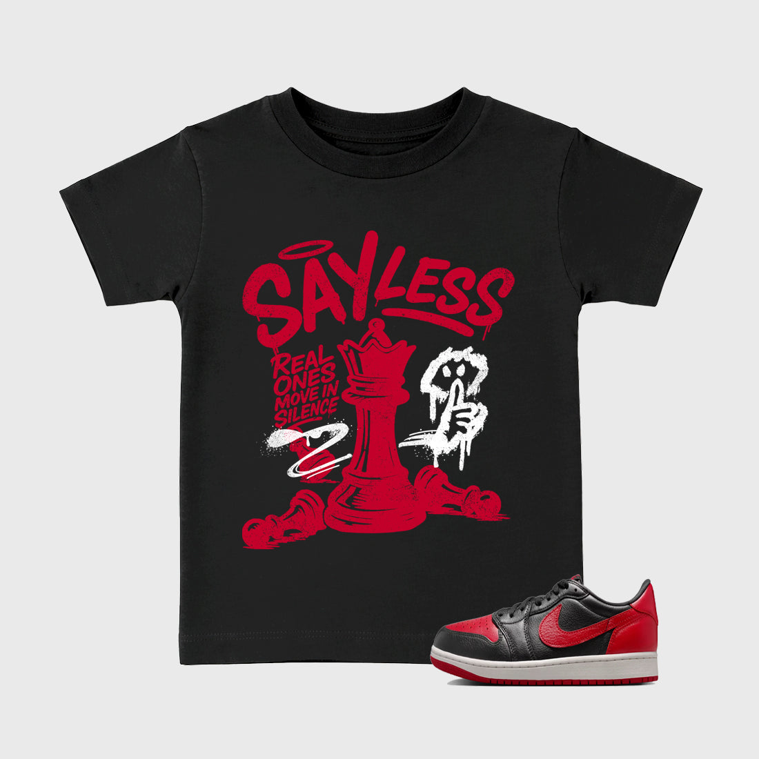 Sneaker match tees – Sneaker Tees To Match Air Jordan 1 Banned Shoes – Say Less Kids T-Shirt Black 1