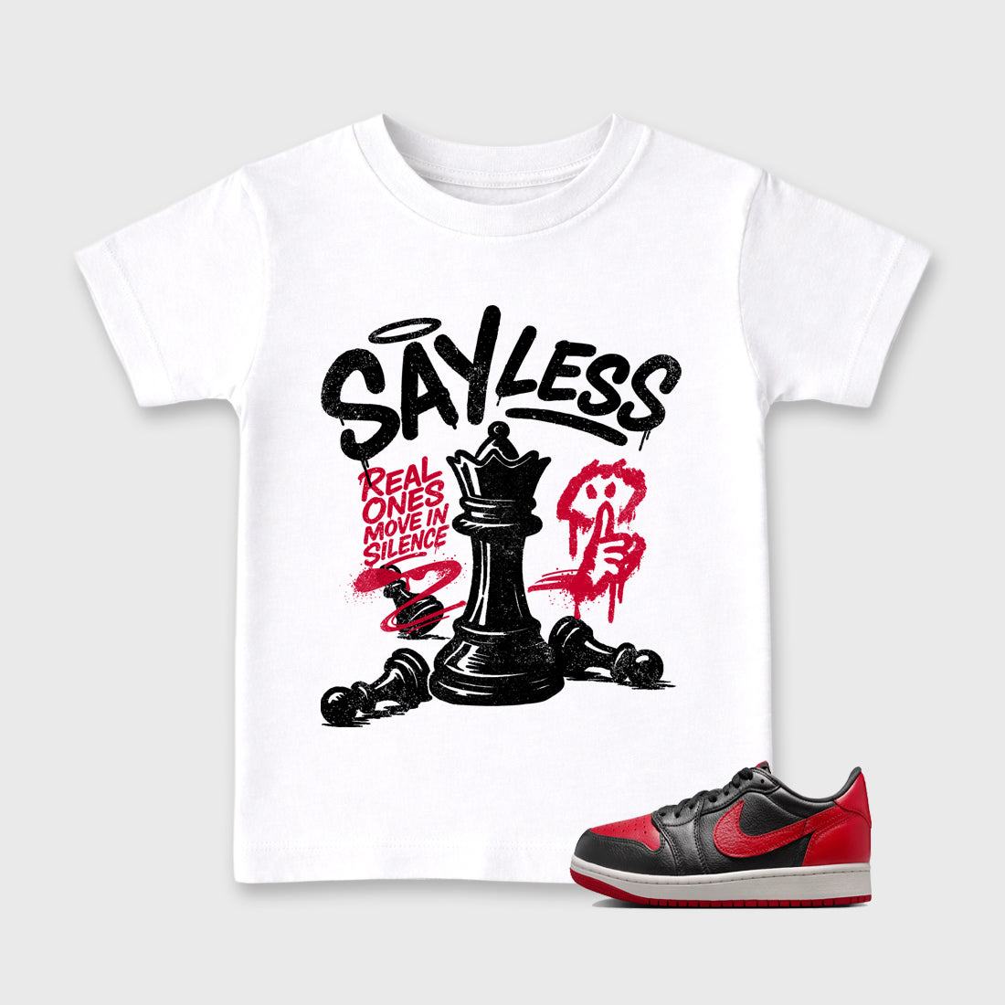Sneaker match tees – Sneaker Tees To Match Air Jordan 1 Banned Shoes – Say Less Kids T-Shirt White 1
