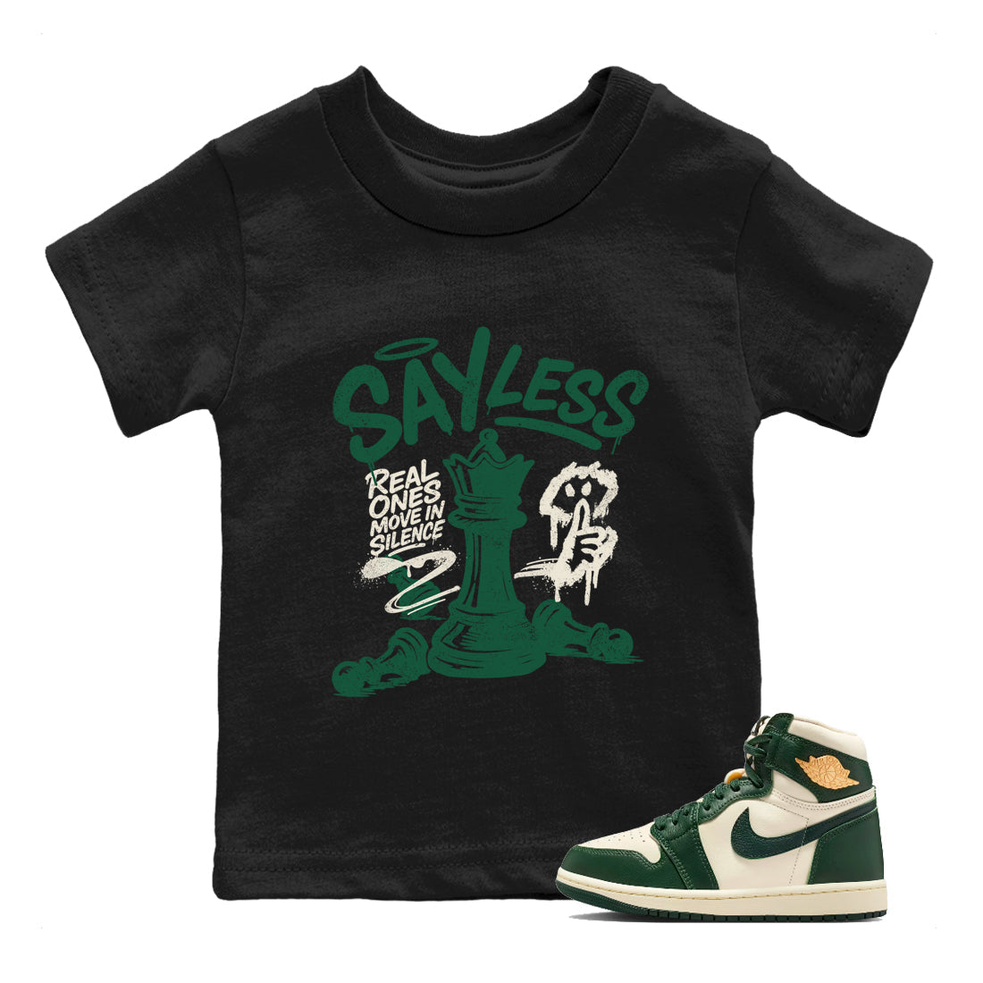 Sneaker Threads – Sneaker Tees To Match Air Jordan 1 Pro Green – Say Less Youth Graphic Tee Black 1. Perfect for Jordan releases 2025 colorways.