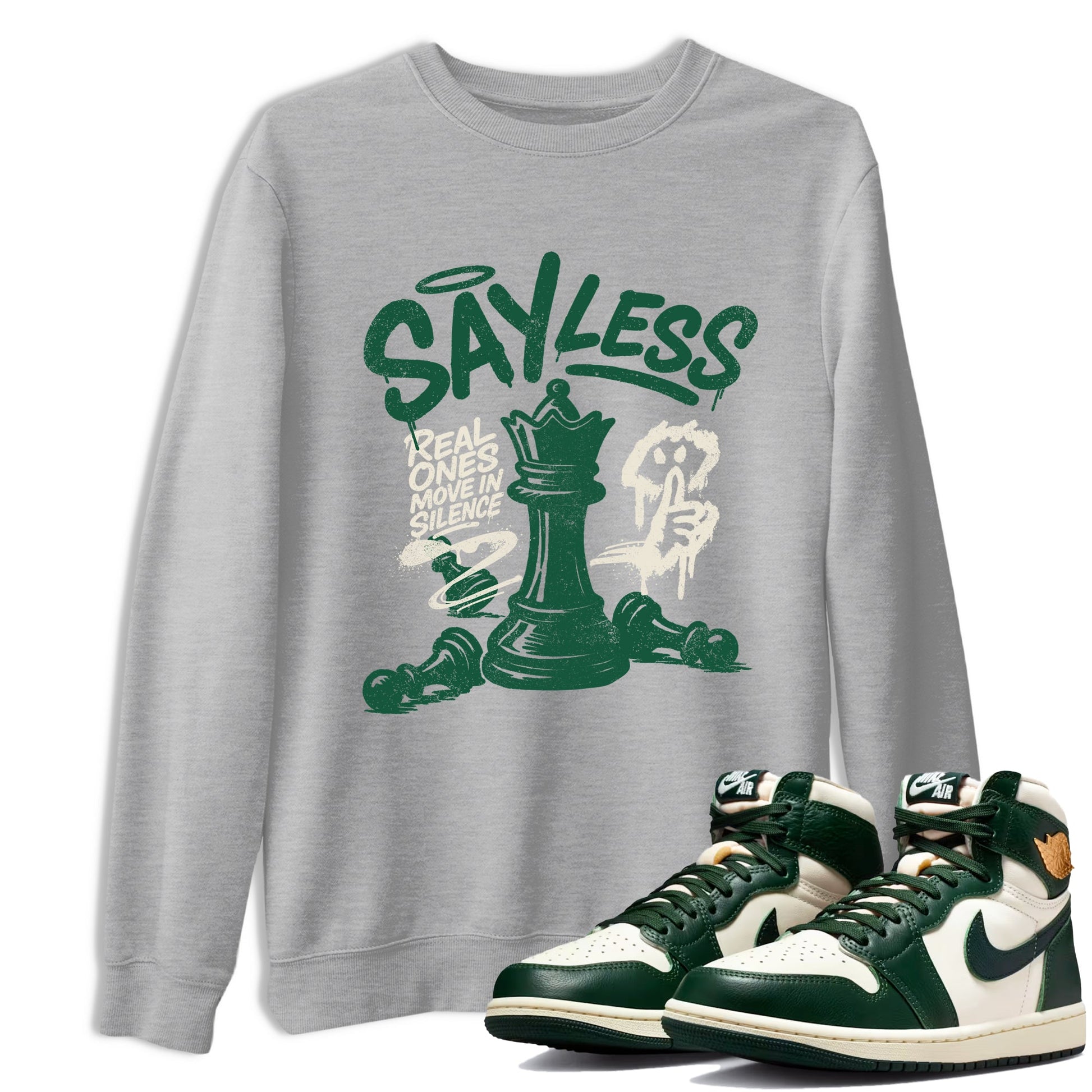 Sneaker Threads – Sneaker Tees To Match Air Jordan 1 Pro Green – Say Less Graphic Tee Heather Grey 1. Perfect for Jordan releases 2025 colorways.