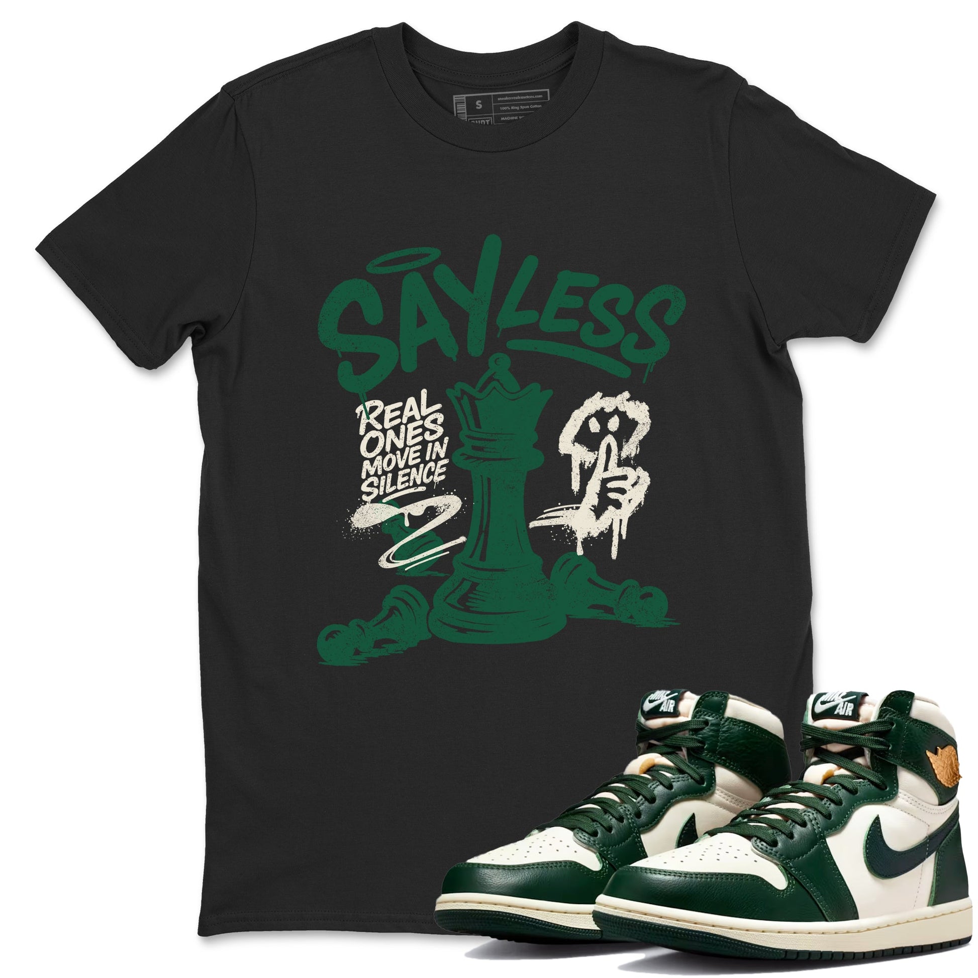 Sneaker Threads – Sneaker Tees To Match Air Jordan 1 Pro Green – Say Less Graphic Tee Black 1. Perfect for Jordan releases 2025 colorways.
