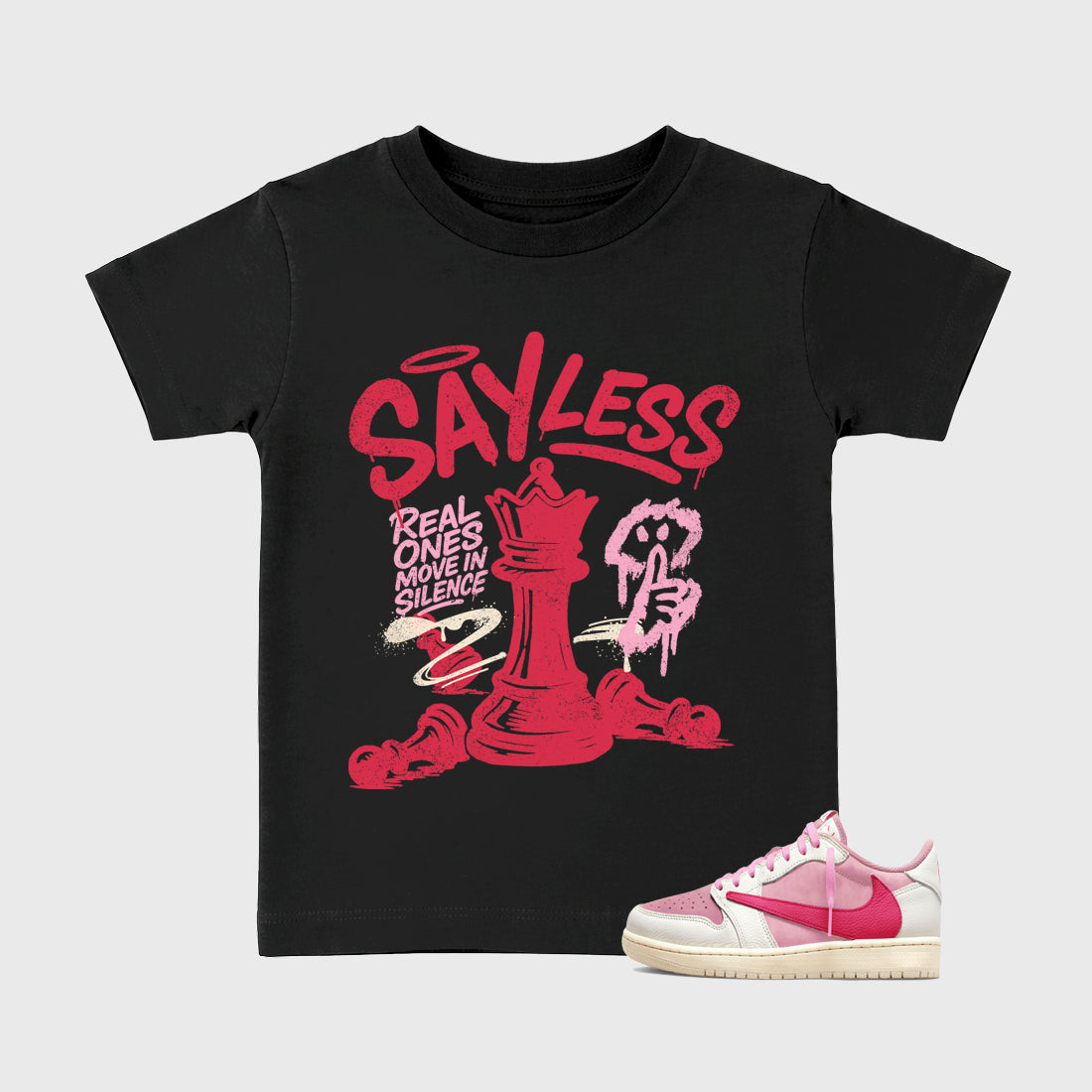 Perfect Sneakerhead Fashion Outfits – Sneaker Tees To Match Air Jordan 1 Low OG x Travis Scott Tropical Pink Shoes – Say Less Kids Graphic T-Shirt Black 1