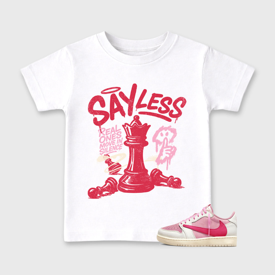 Perfect Sneakerhead Fashion Outfits – Sneaker Tees To Match Air Jordan 1 Low OG x Travis Scott Tropical Pink Shoes – Say Less Kids Graphic T-Shirt White 1