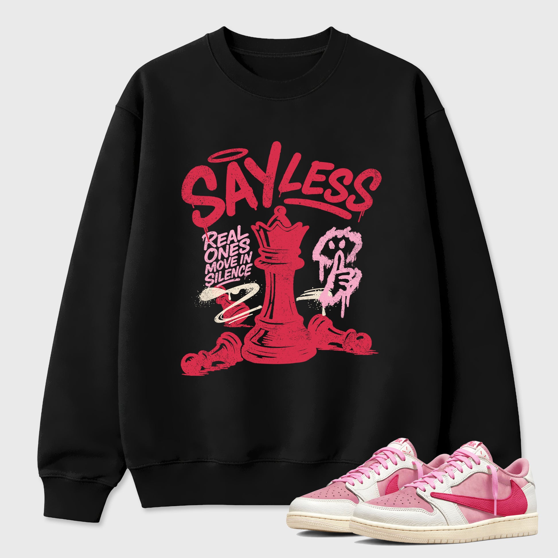 Perfect Sneakerhead Fashion Outfits – Sneaker Tees To Match Air Jordan 1 Low OG x Travis Scott Tropical Pink Shoes – Say Less Graphic Tee Black 1