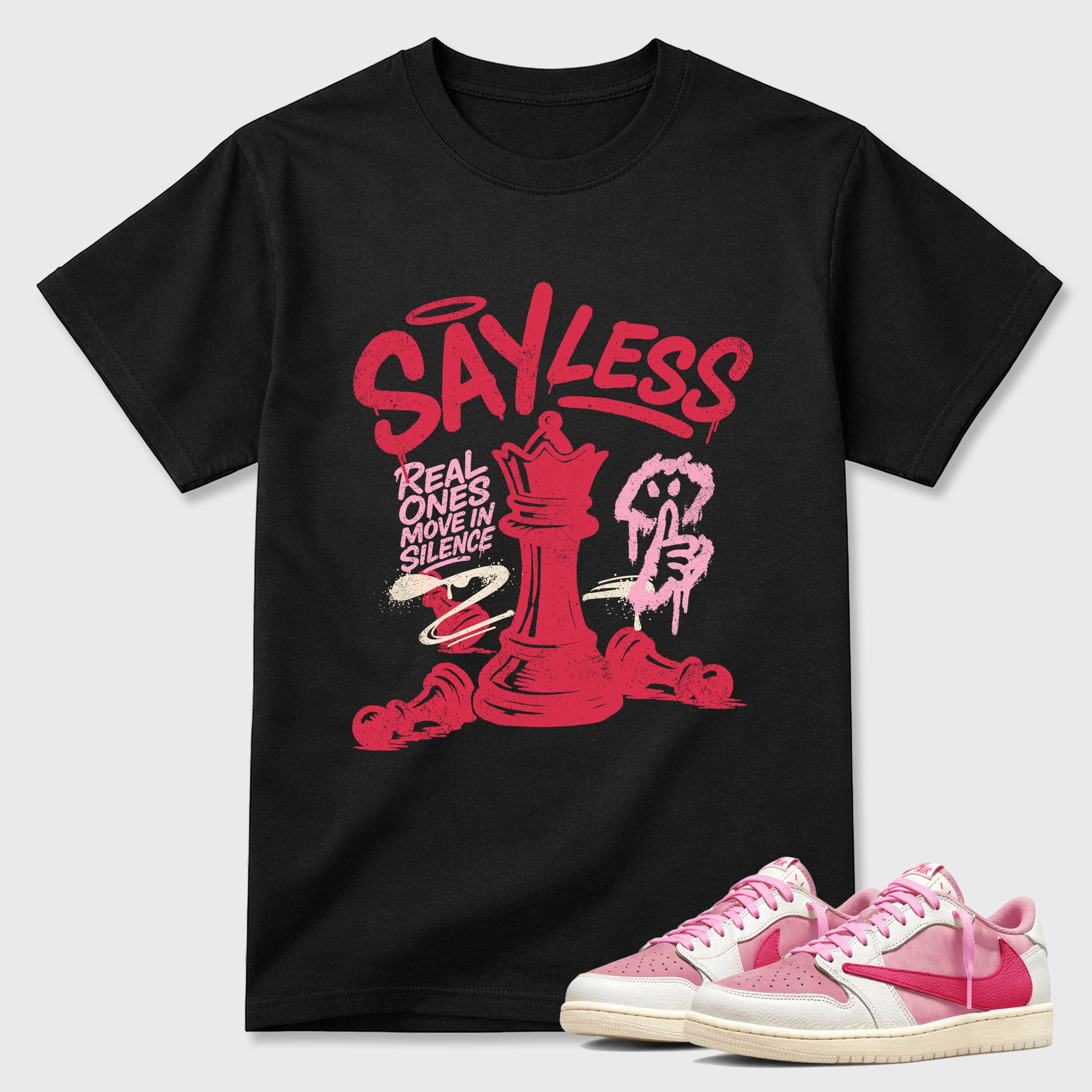 Perfect Sneakerhead Fashion Outfits – Sneaker Tees To Match Air Jordan 1 Low OG x Travis Scott Tropical Pink Shoes – Say Less Graphic Tee Black 1