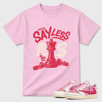 Perfect Sneakerhead Fashion Outfits – Sneaker Tees To Match Air Jordan 1 Low OG x Travis Scott Tropical Pink Shoes – Say Less Graphic Tee Pink 1