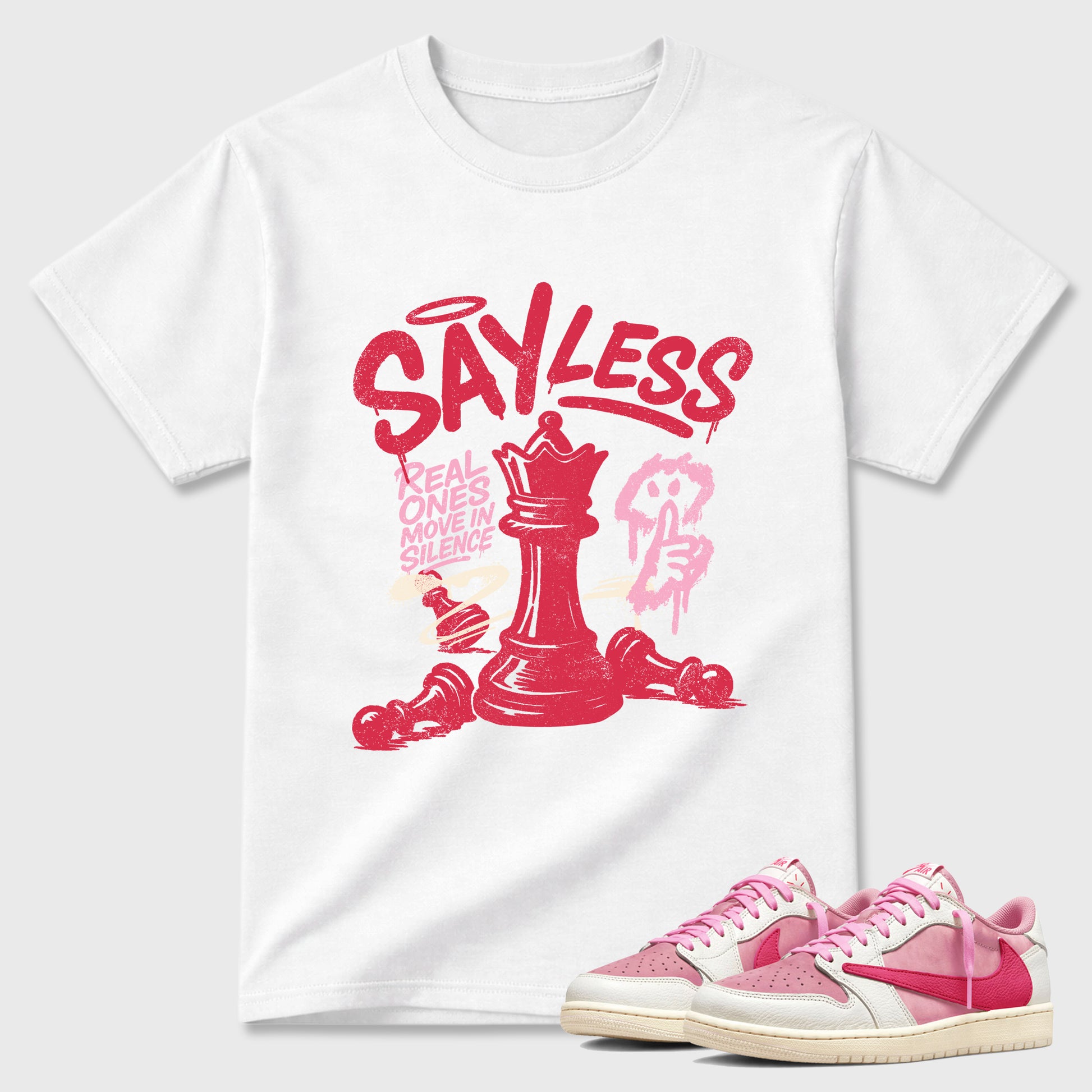 Perfect Sneakerhead Fashion Outfits – Sneaker Tees To Match Air Jordan 1 Low OG x Travis Scott Tropical Pink Shoes – Say Less Graphic Tee White 1