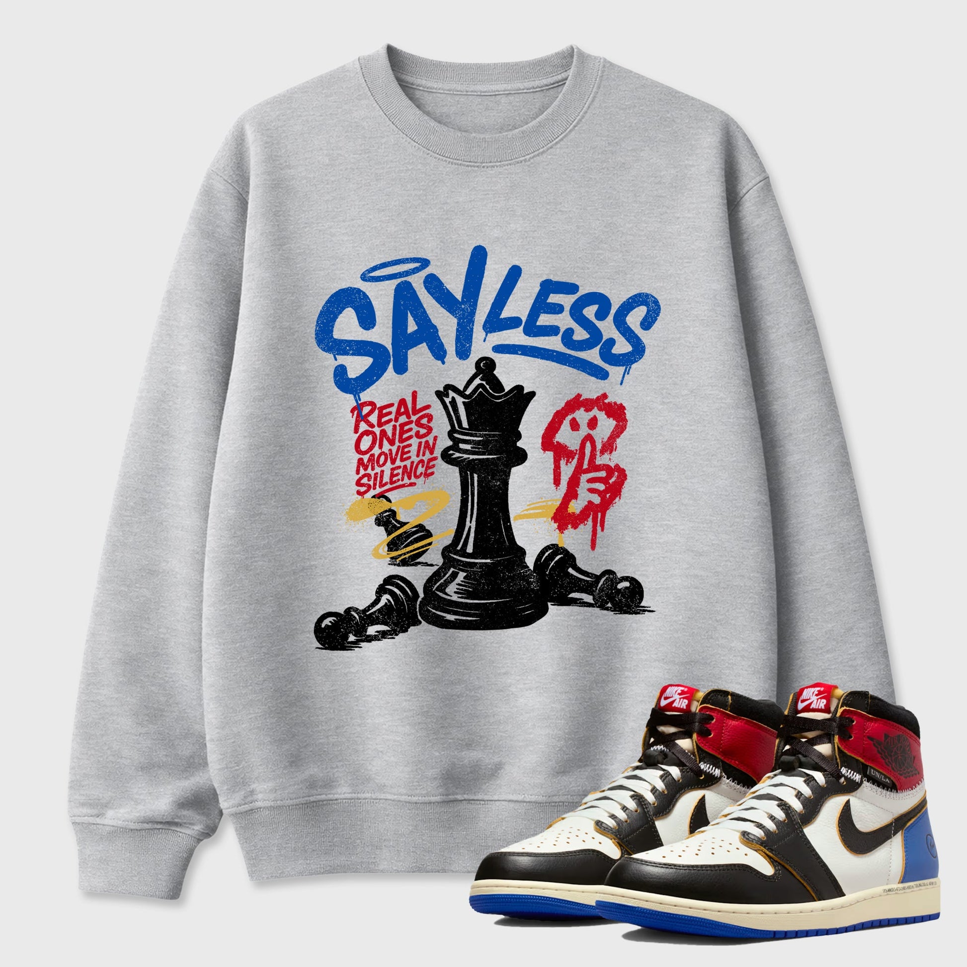 Sneaker match tees – Sneaker Tees To Match Air Jordan 1 Union x Fragment Shoes – Say Less Tee Heather Grey 1