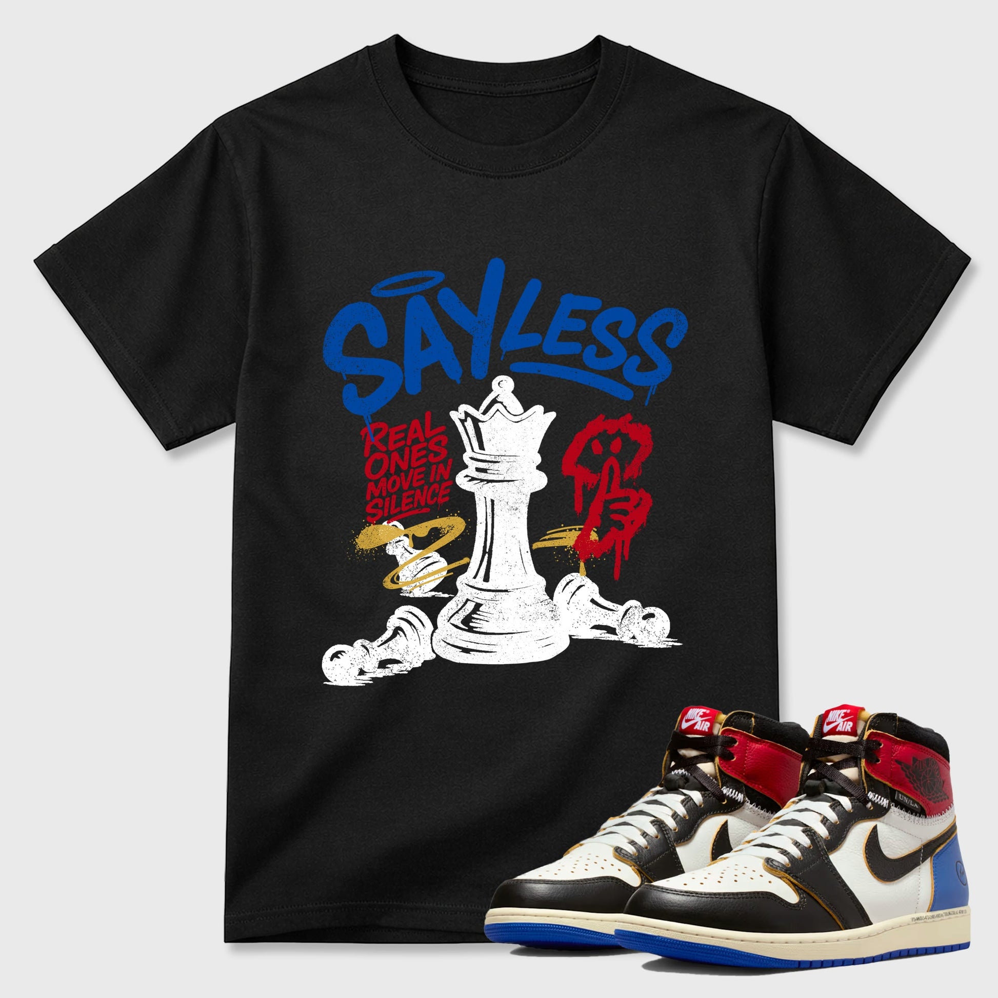 Sneaker match tees – Sneaker Tees To Match Air Jordan 1 Union x Fragment Shoes – Say Less Tee Black 1