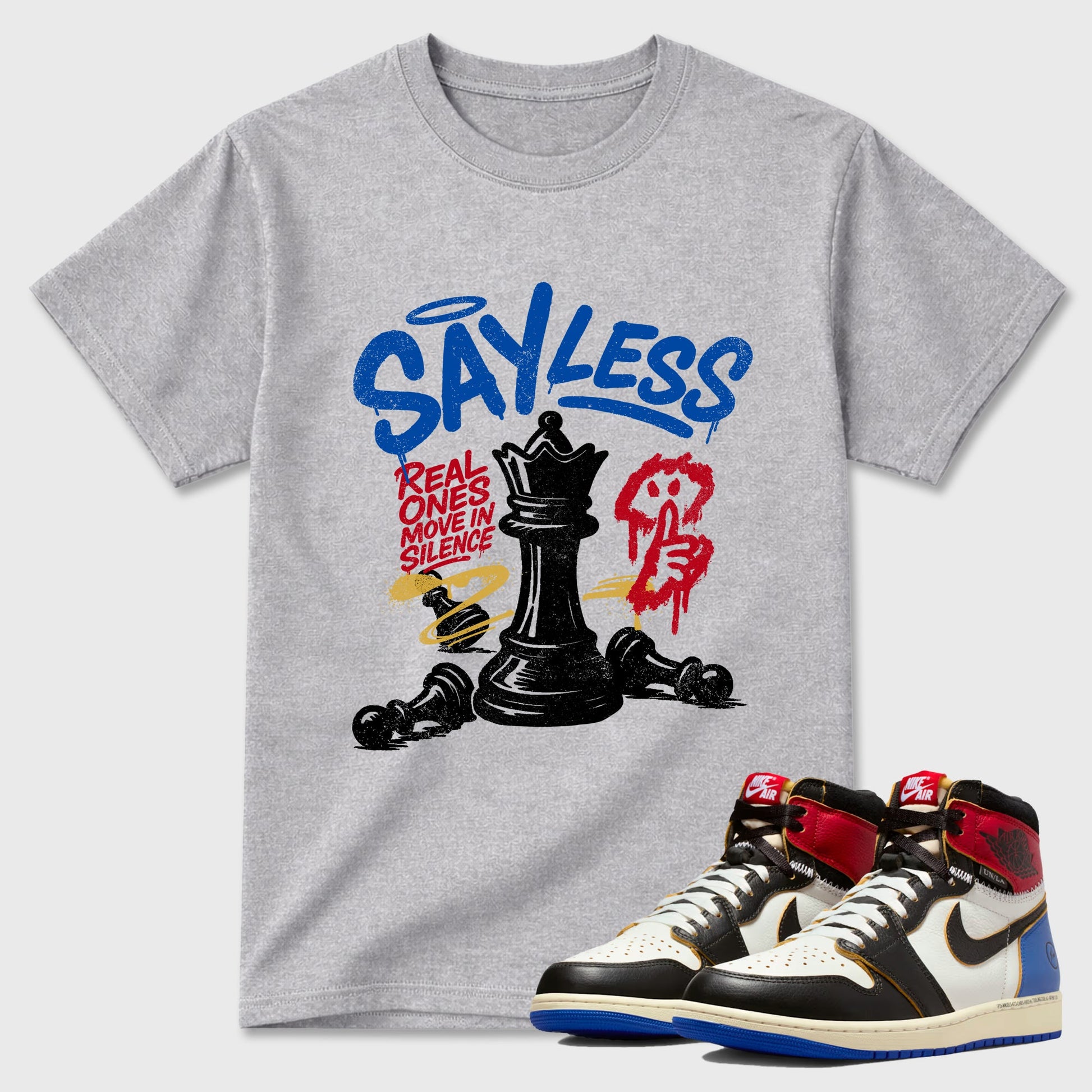Sneaker match tees – Sneaker Tees To Match Air Jordan 1 Union x Fragment Shoes – Say Less Tee Heather Grey 1