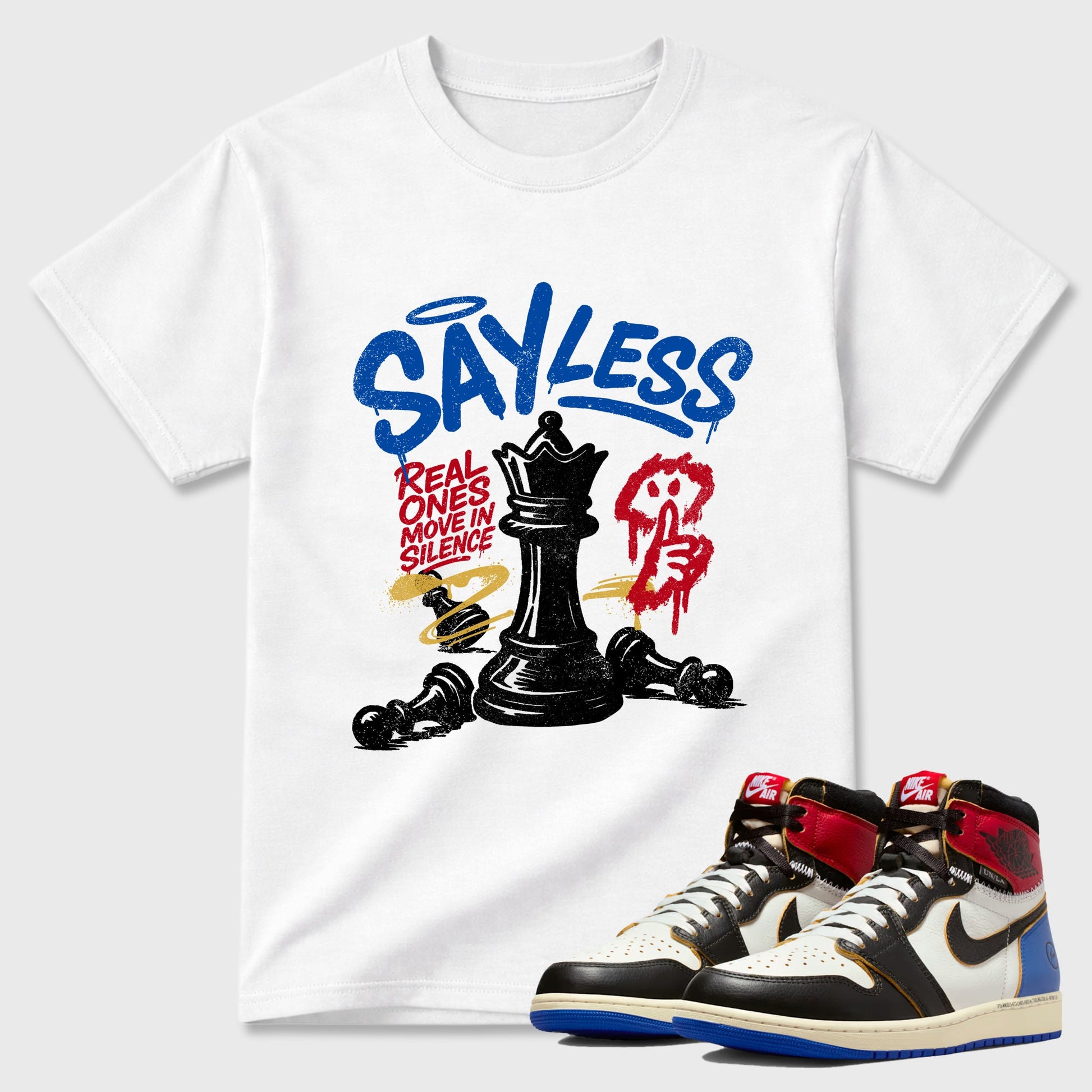Sneaker match tees – Sneaker Tees To Match Air Jordan 1 Union x Fragment Shoes – Say Less Tee White 1