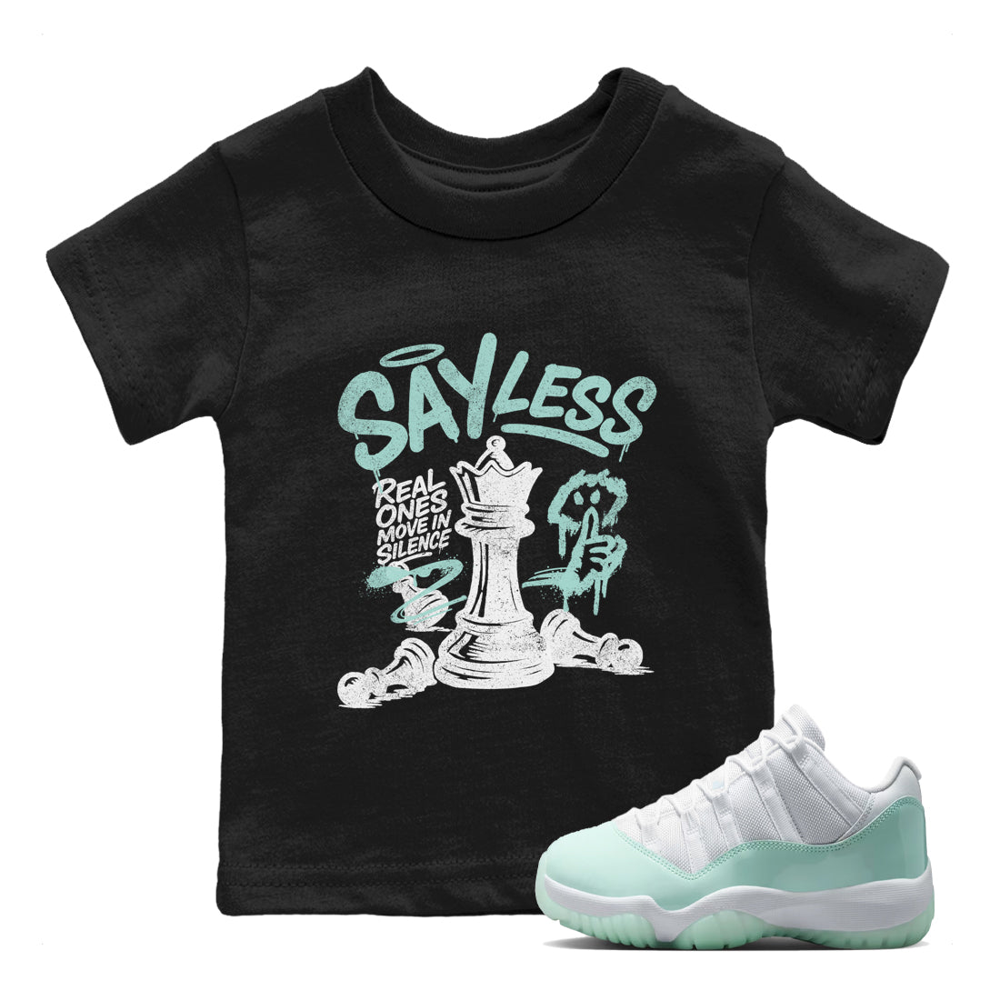 Say Less baby and kids t-shirt crafted for little sneakerheads to shine with the Air Jordan 11 Igloo sneakers, displayed in Black 1.