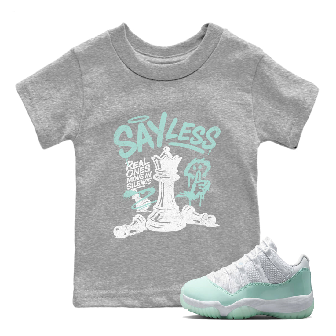 Say Less baby and kids t-shirt crafted for little sneakerheads to shine with the Air Jordan 11 Igloo sneakers, displayed in Heather Grey 1.