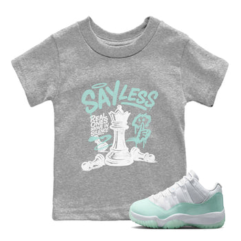 Say Less baby and kids t-shirt crafted for little sneakerheads to shine with the Air Jordan 11 Igloo sneakers, displayed in Heather Grey 1.
