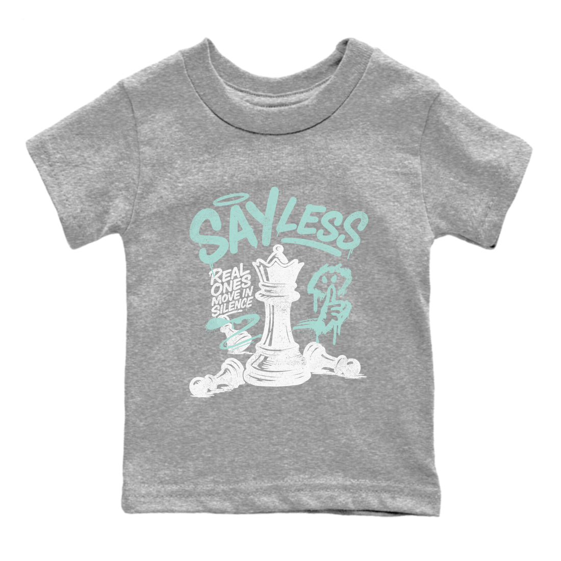 Say Less baby and kids t-shirt crafted for little sneakerheads to shine with the Air Jordan 11 Igloo sneakers, displayed in Heather Grey 2.