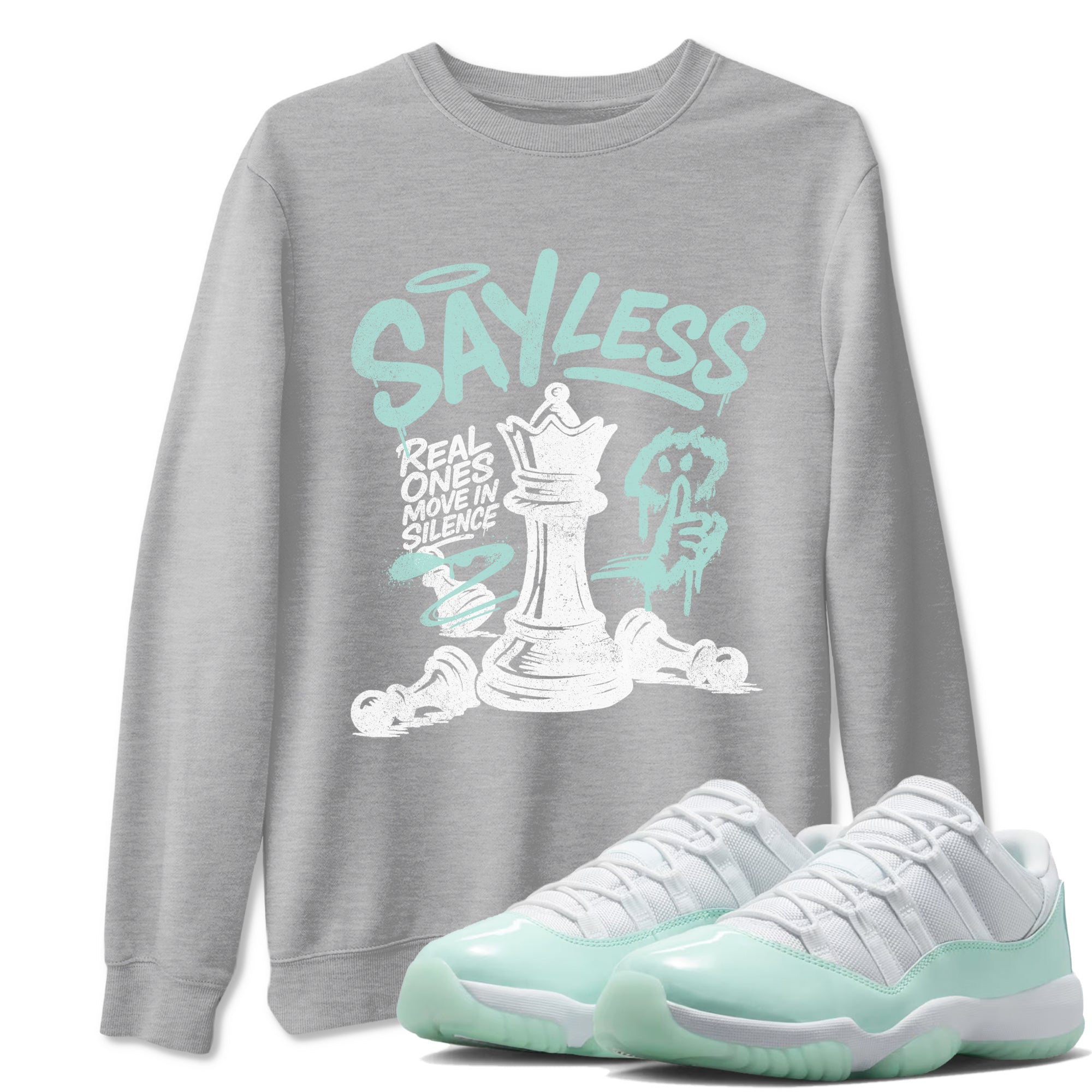 Say Less sneaker match t-shirt styled to complete your fit with the Air Jordan 11 Igloo sneakers, shown in Heather Grey 1.