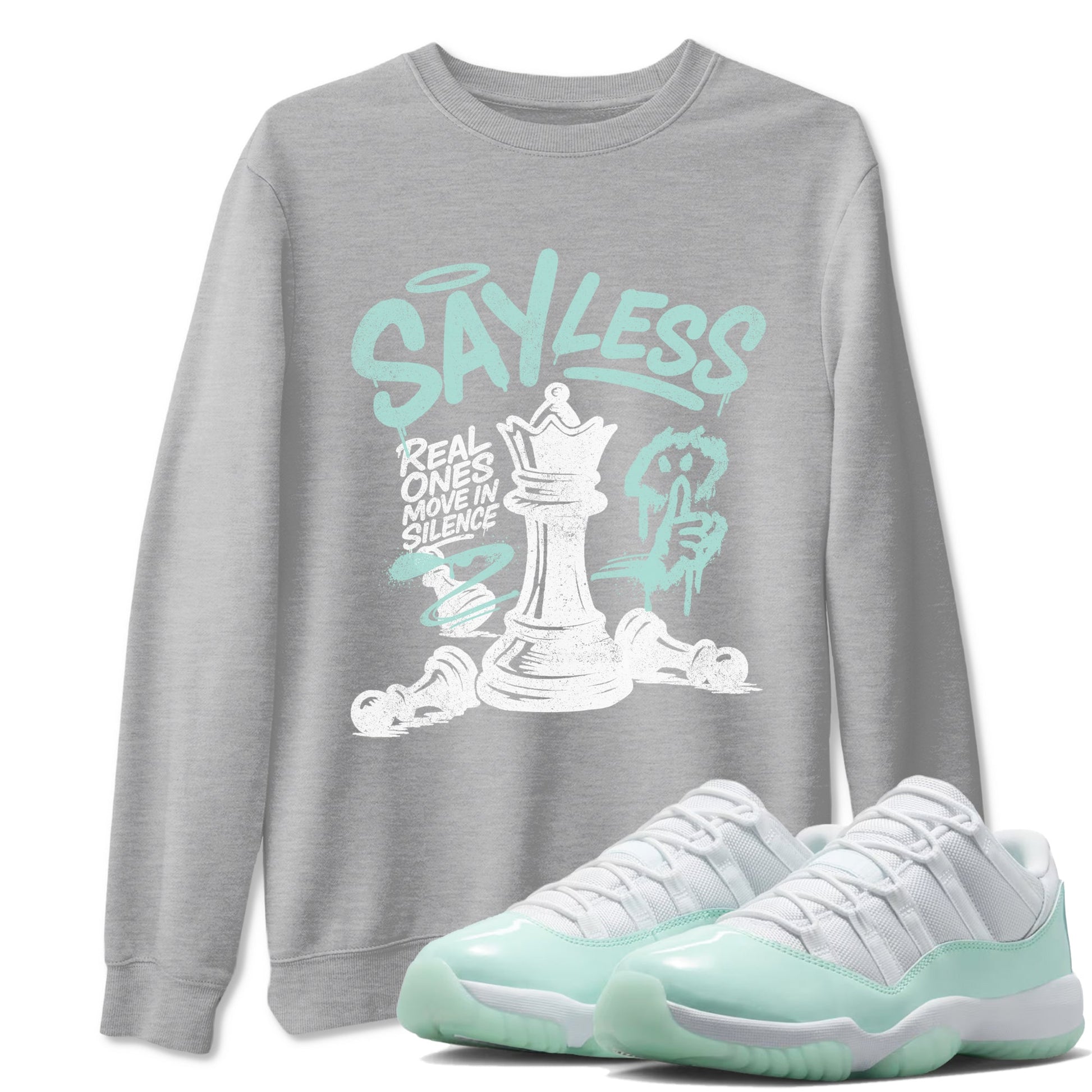 Say Less sneaker match t-shirt styled to complete your fit with the Air Jordan 11 Igloo sneakers, shown in Heather Grey 1.