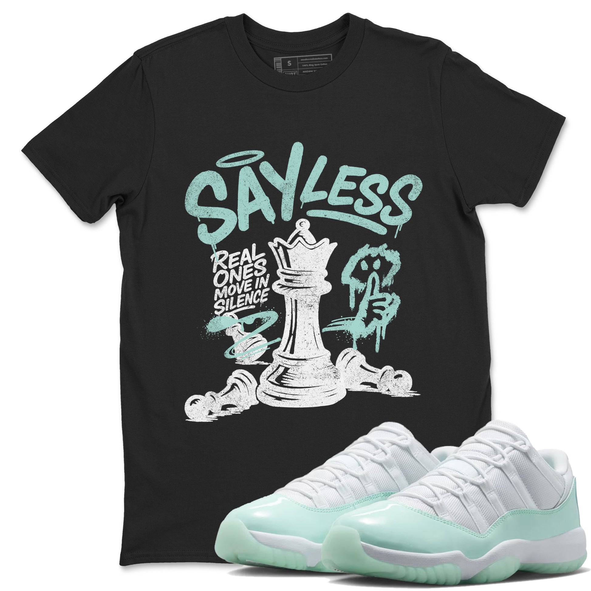 Say Less sneaker match t-shirt styled to complete your fit with the Air Jordan 11 Igloo sneakers, shown in Black 1.