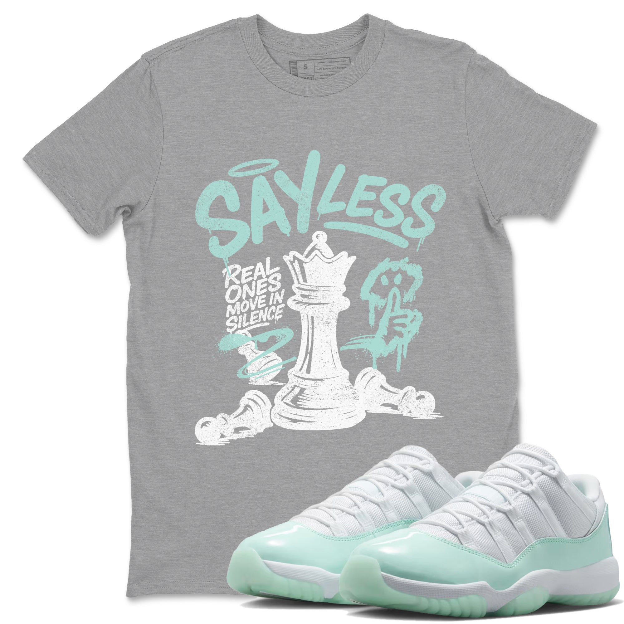 Say Less sneaker match t-shirt styled to complete your fit with the Air Jordan 11 Igloo sneakers, shown in Heather Grey 1.