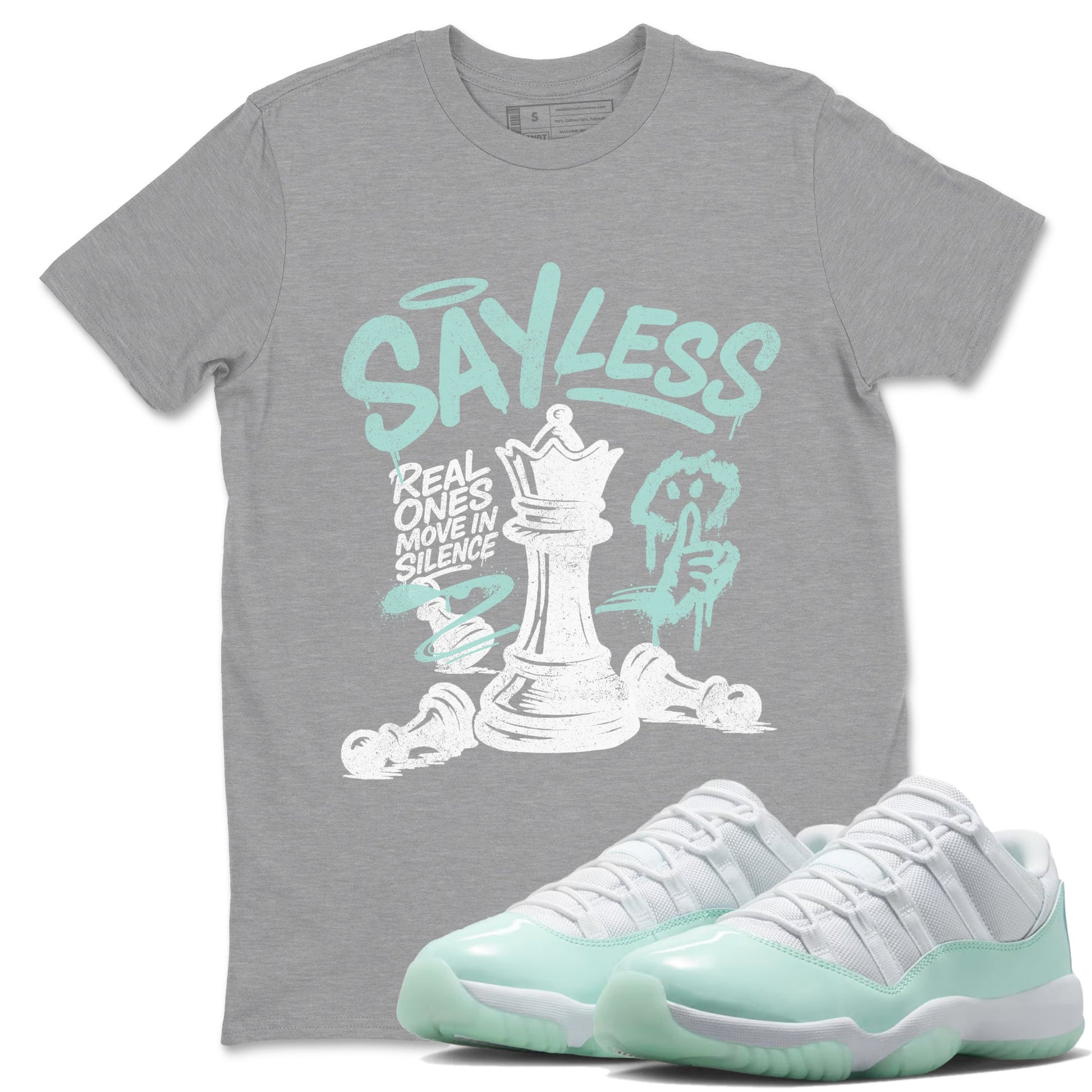 Say Less sneaker match t-shirt styled to complete your fit with the Air Jordan 11 Igloo sneakers, shown in Heather Grey 1.