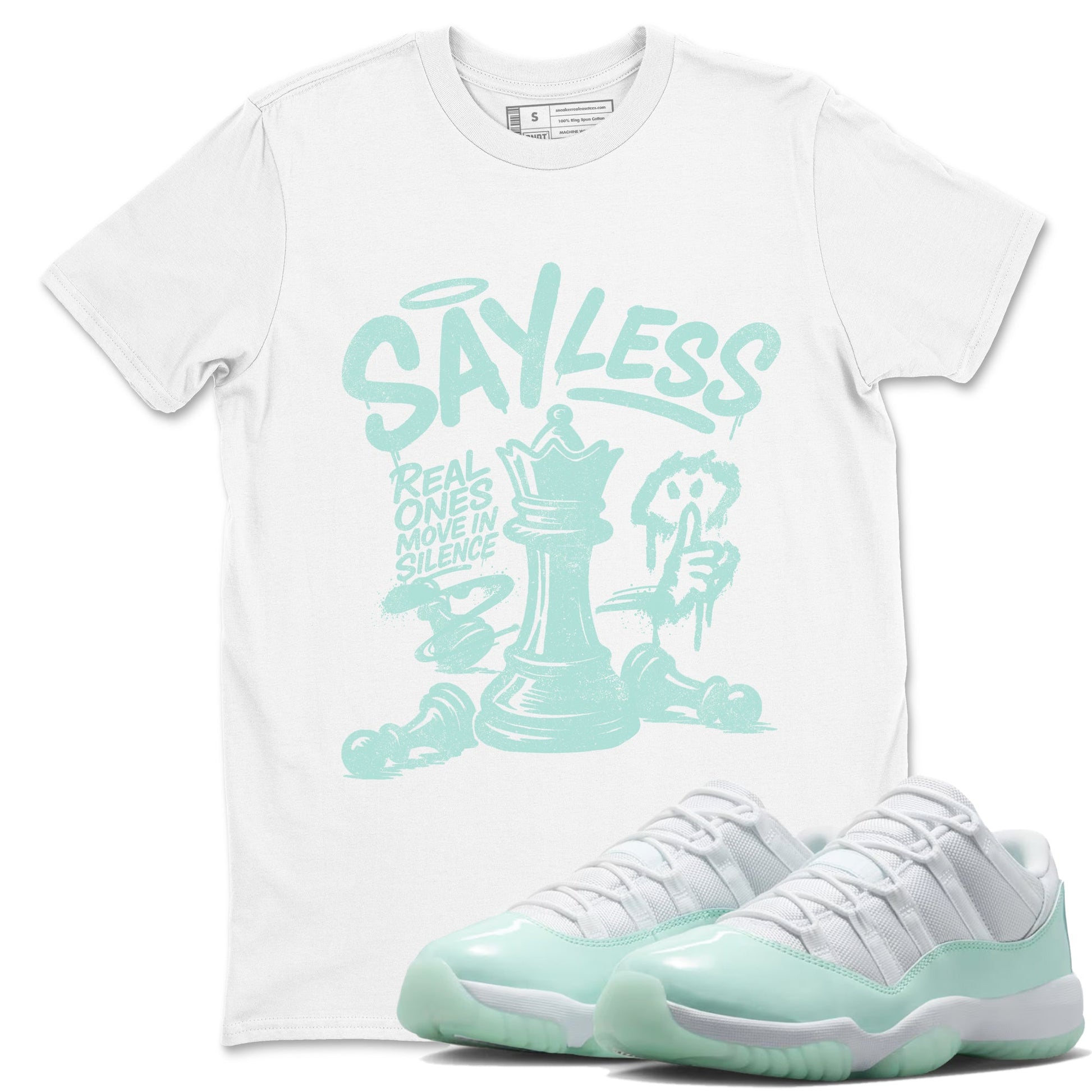 Say Less sneaker match t-shirt styled to complete your fit with the Air Jordan 11 Igloo sneakers, shown in White 1.