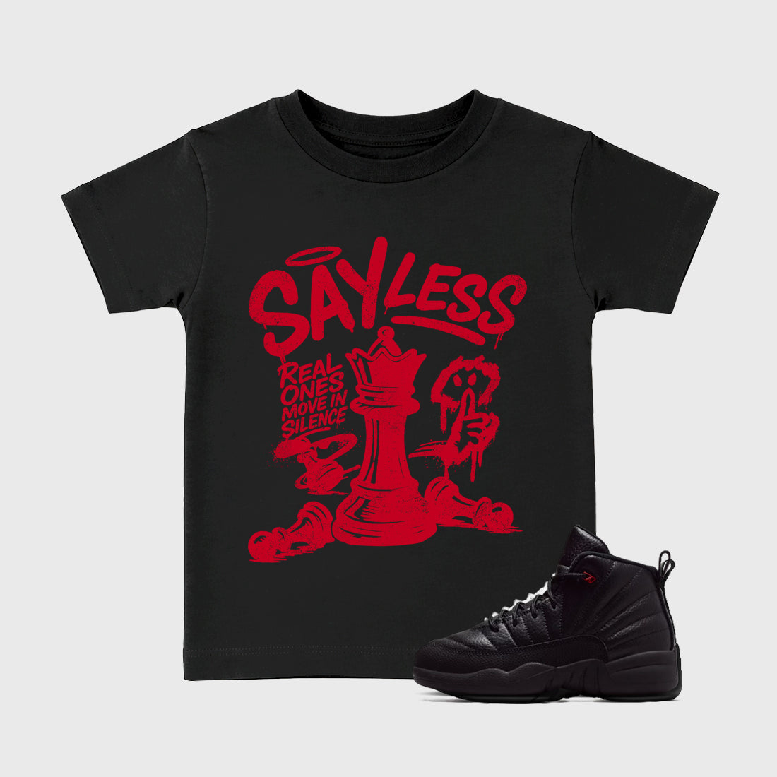 Say Less affordable baby and kids t-shirt designed to match the Air Jordan 12 Bloodline, featuring coordinated Black 1 options for the perfect little sneakerhead streetwear look.