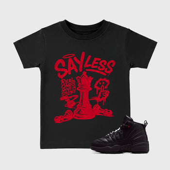 Say Less affordable baby and kids t-shirt designed to match the Air Jordan 12 Bloodline, featuring coordinated Black 1 options for the perfect little sneakerhead streetwear look.