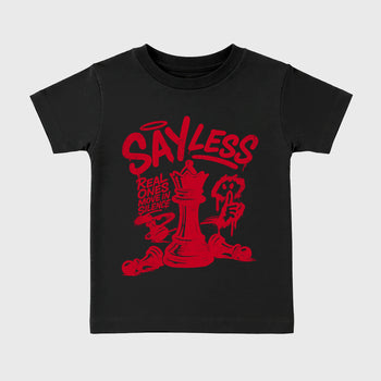 Say Less affordable baby and kids t-shirt designed to match the Air Jordan 12 Bloodline, featuring coordinated Black 2 options for the perfect little sneakerhead streetwear look.