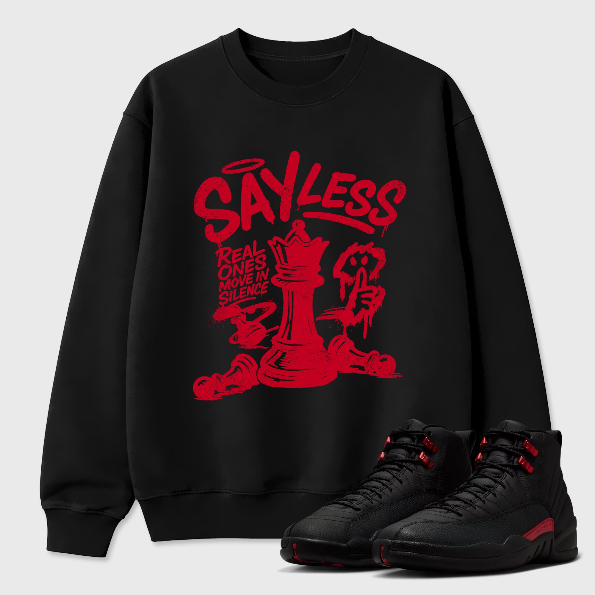 Say Less Graphic T-Shirt sneaker match tee designed for the Air Jordan 12 Bloodline, featuring coordinated color options for a perfect streetwear match. Black 1 shirt.