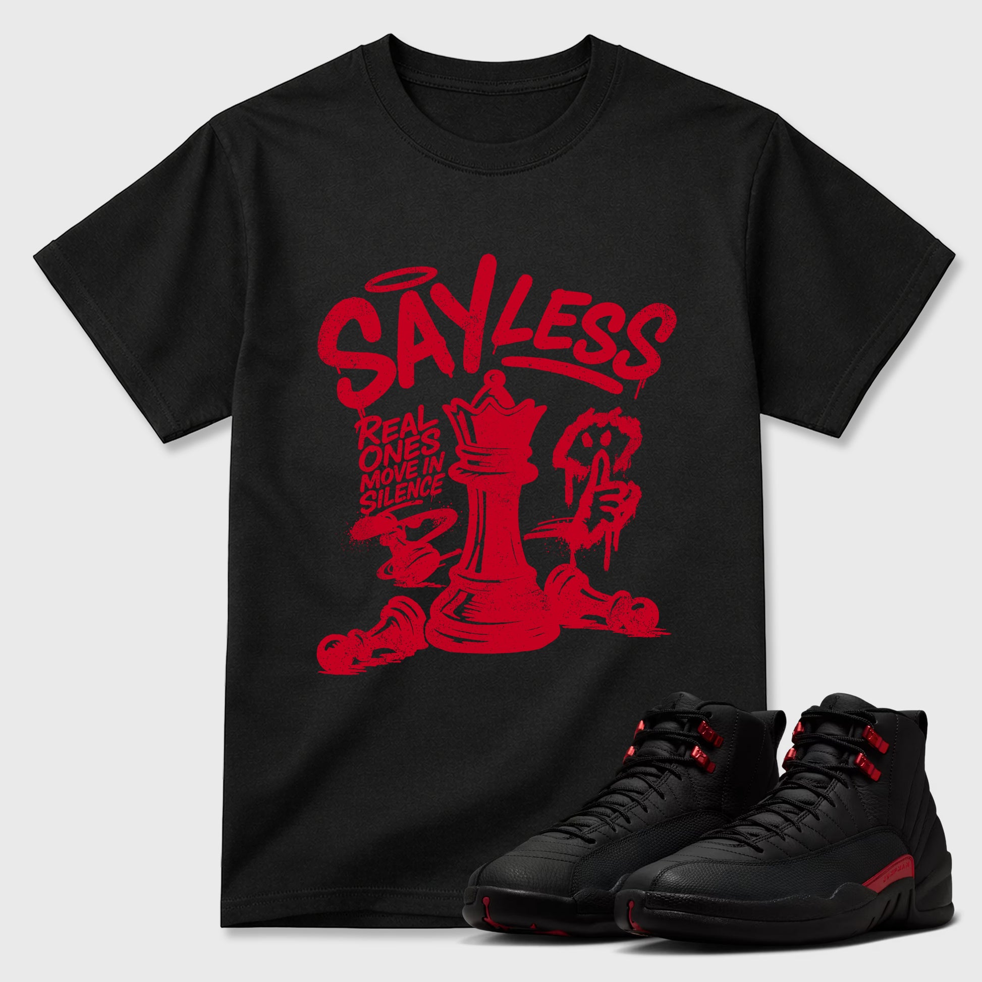 Say Less Graphic T-Shirt sneaker match tee designed for the Air Jordan 12 Bloodline, featuring coordinated color options for a perfect streetwear match. Black 1 shirt.
